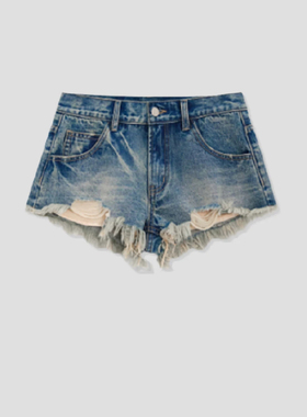 FOREVERCAN“半岛日记”复古做旧手工流苏磨边牛仔短裤 SP19215