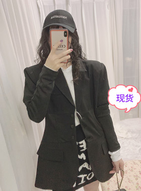 TWO2021秋季新款 设计感小众黑色西装外套女休闲时尚气质长款西服