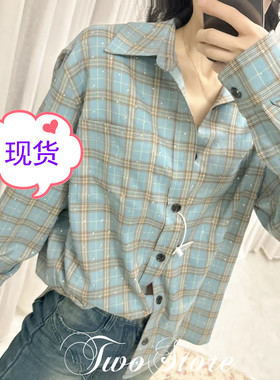 TWO2023春夏 DU家限定 重工烫钻色织英伦休闲慵懒格纹衬衫