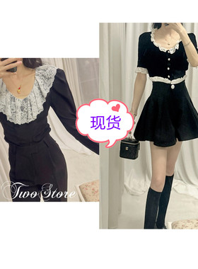 TWO2023春夏南法风情进口人丝双绉拼接蕾丝羊腿袖上衣套装