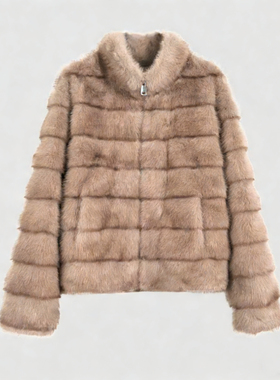 FOREVERCAN“阿斯科纳”横排脊子靠坎仿貂环保皮草外套FC57704