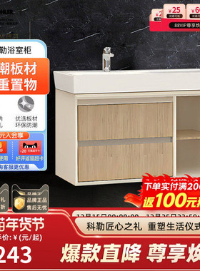 科勒浴室柜一体陶瓷盆实木橡胶E0级环保防潮挂墙式90浴室柜35207T