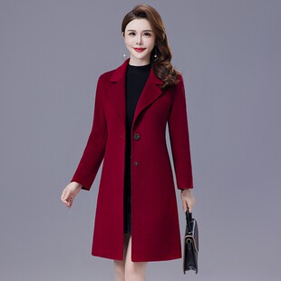 双面羊绒呢子大衣女2026秋冬新款中老年妈妈枣红色双面羊毛呢外套