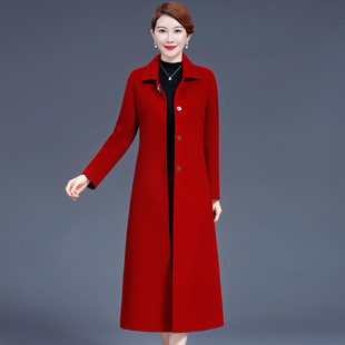 高端红色大衣2026冬新款双面羊毛外套长款过膝酒红色妈妈毛呢外套