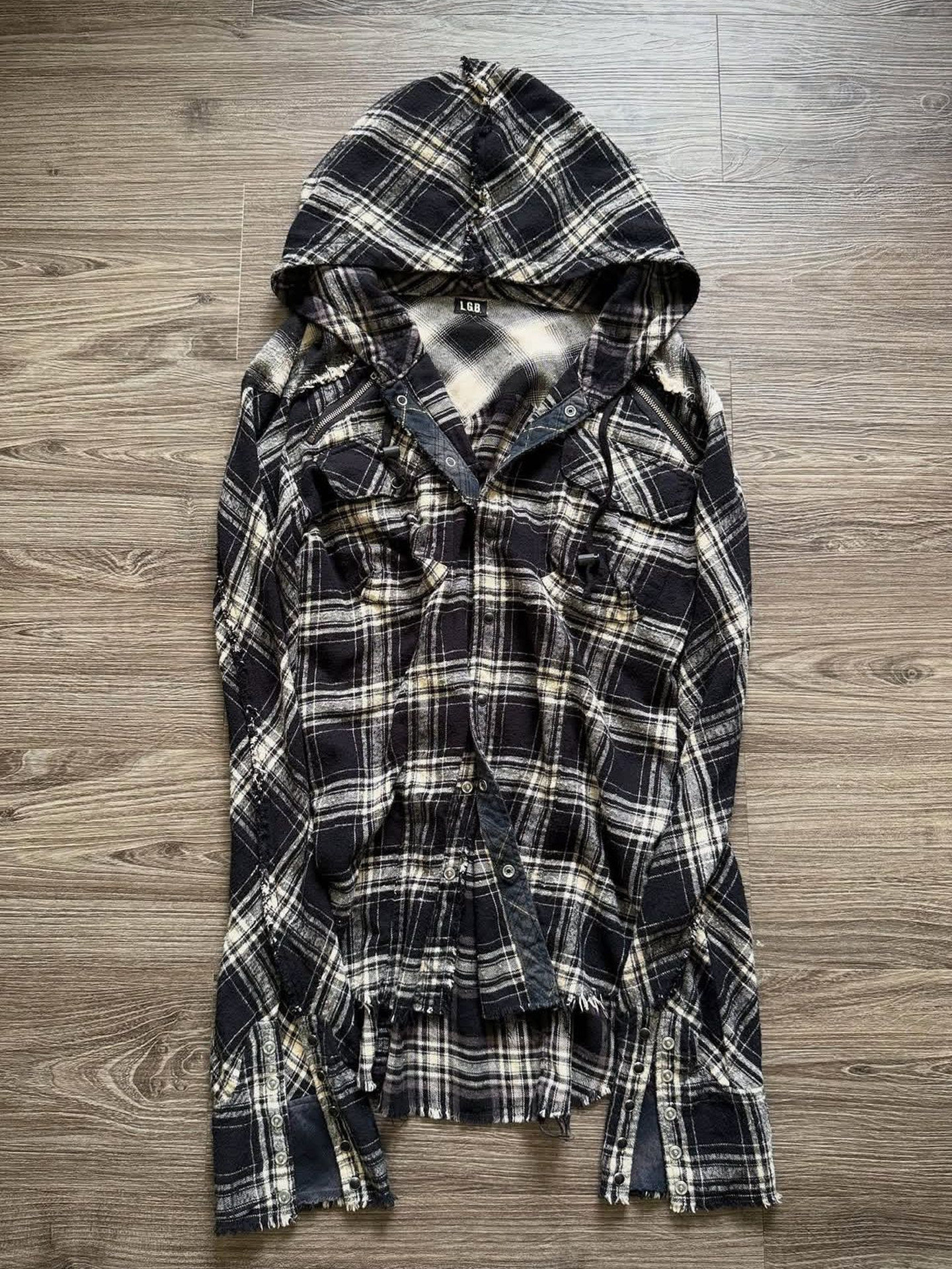 thumbnail for LGB Visual Plaid Destroyer Hooded Plaid Long Sleeve Shirt