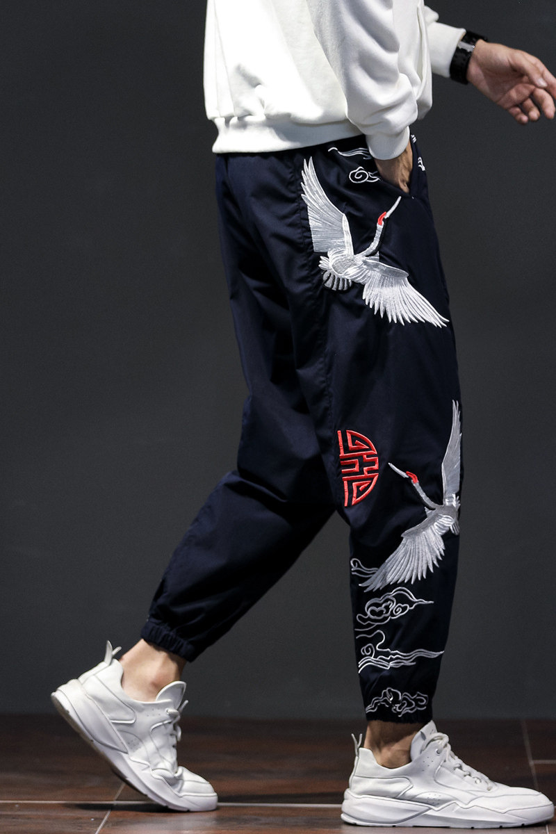 春秋冬新款原创风仙鹤刺绣休闲裤抽绳百搭小脚裤K228-P85,男装休闲裤,星座305A（原312A-1）