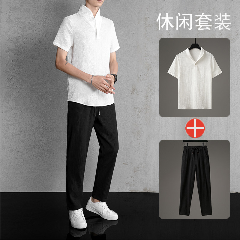 新品轻奢风时尚潮流高端褶皱两件套青果领休闲运动套装TZ209,男装休闲套装,星座305A（原312A-1）