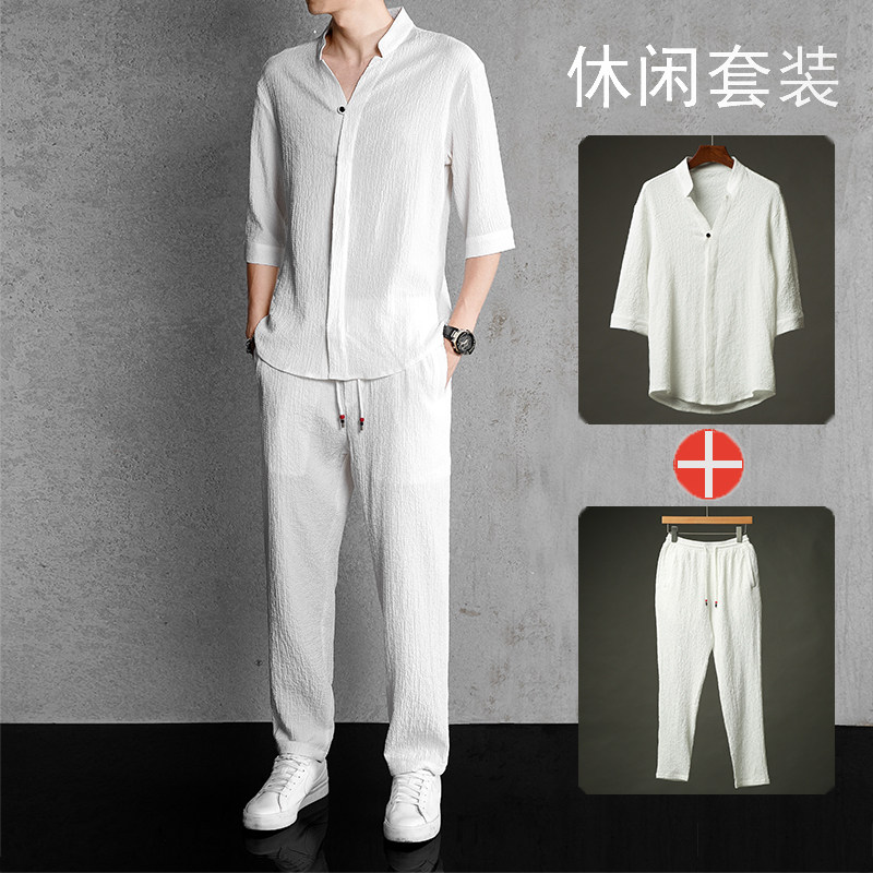 垂感爽滑风青年男士套装汉服唐装休闲两件套潮流TZ201-P110,男装休闲套装,星座305A（原312A-1）