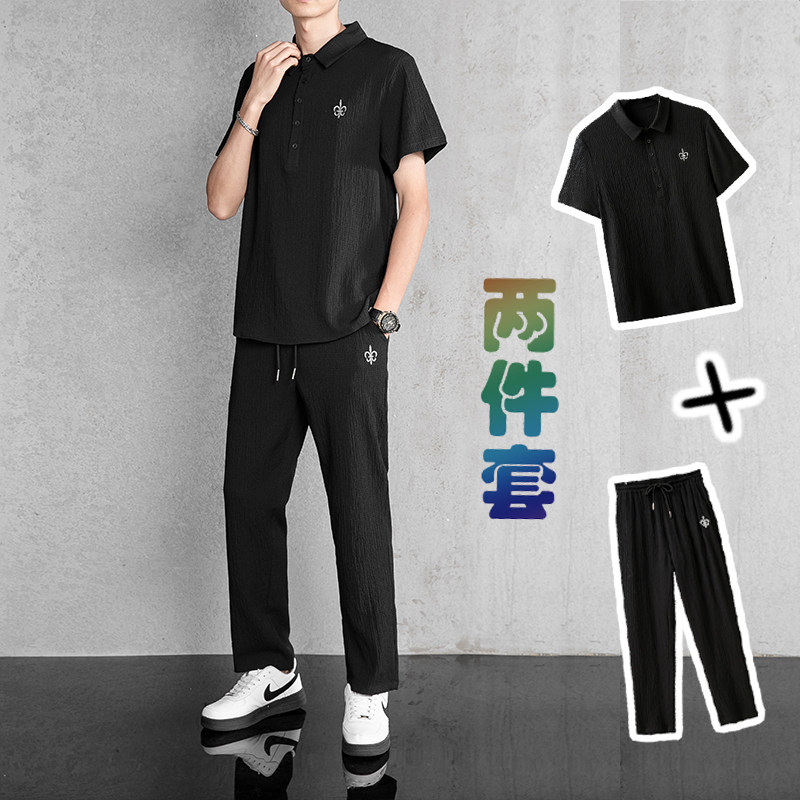 请奢风夏季帅气3D刺绣褶皱透气高端混纺两件休闲运动套装P110图片