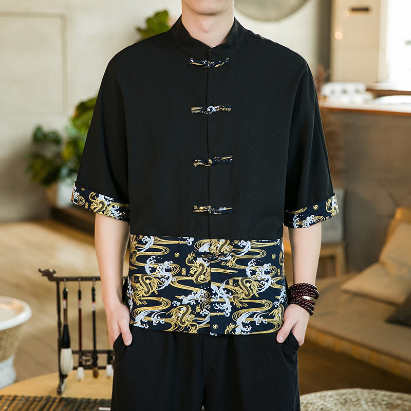 春夏新品风大码蝙蝠衫烫金拼色盘扣汉服唐装短袖衬衫D972P35,男装T恤,星座305A（原312A-1）