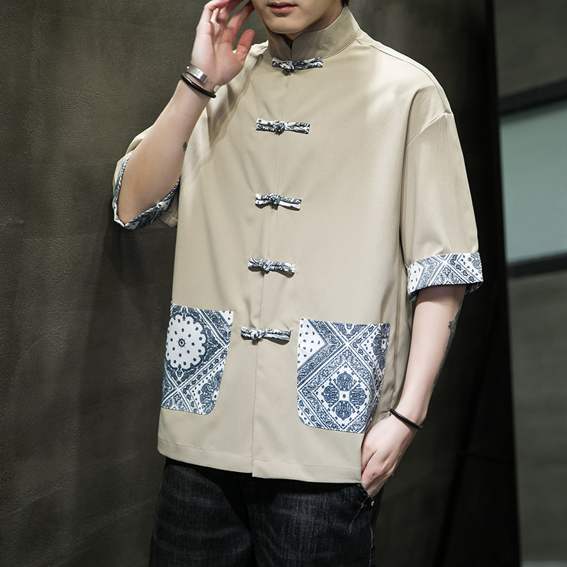 春夏新品微弹冰丝落肩袖汉服唐装盘扣短袖衬衫D971P35,男装T恤,星座305A（原312A-1）