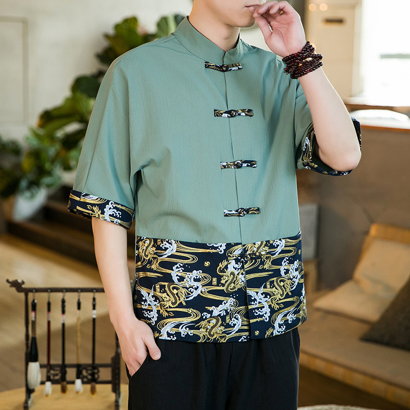 春夏新品风大码蝙蝠衫烫金拼色盘扣汉服唐装短袖衬衫D972P35,男装T恤,星座305A（原312A-1）