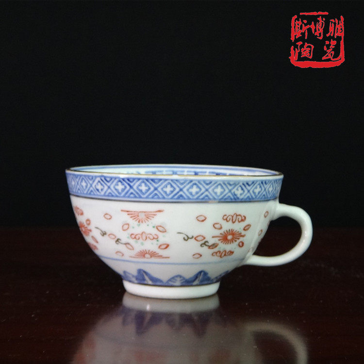 景德镇老厂货国营厂出口青花玲珑陶瓷耳杯加彩描金水杯咖啡杯茶杯
