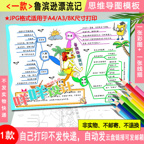 鲁滨逊漂流记阅读书思维导图黑白线描涂色A4/A3/8K学生手抄报模板