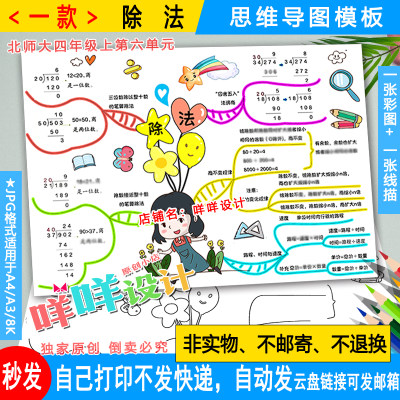 北师大小学生数学四年级上册六单元除法思维导图线描涂色空白模板