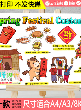 春节英语SpringFestival手抄报中国传统节日习俗新年线稿涂色模版