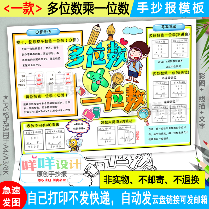 多位数乘一位数手抄报黑白线描涂色空白学生三年级上数学小报模板