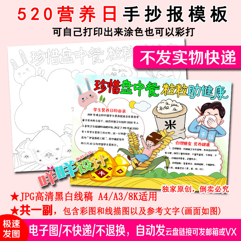 学生520营养日珍惜盘中餐粒粒助健康黑白线描涂色空白手抄报模板