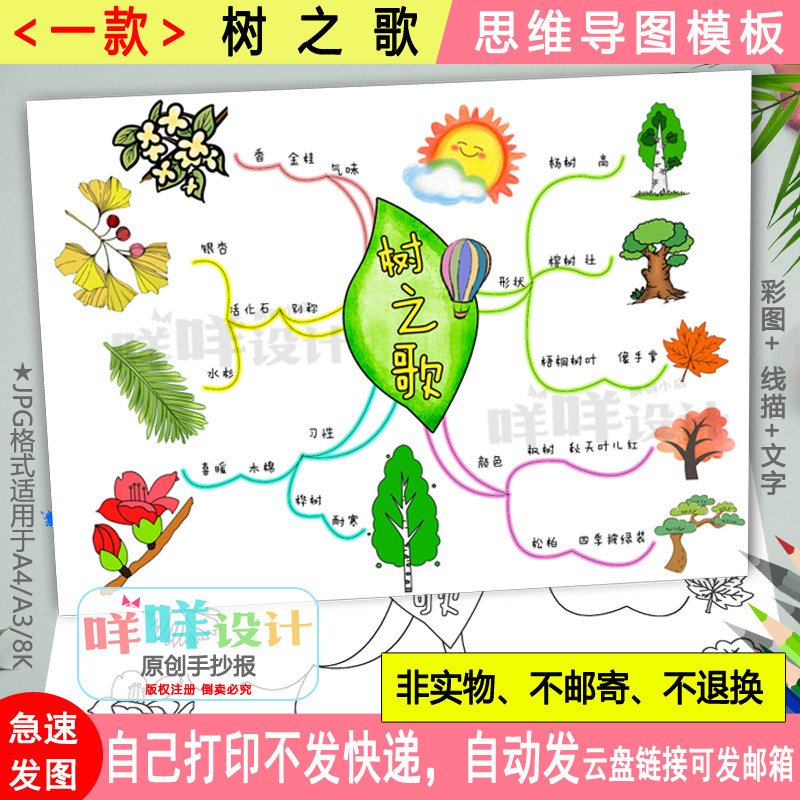 树之歌思维导图黑白线描涂色空白小学生二年级上册语文手抄报模板