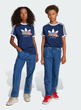 Adidas阿迪达斯2025新宽松舒适牛仔运动长裤大童冬季三叶草JC7877