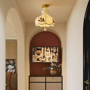 中古风走廊过道吸顶灯宋式美学布艺花朵刺绣可升降玉石餐厅护眼灯