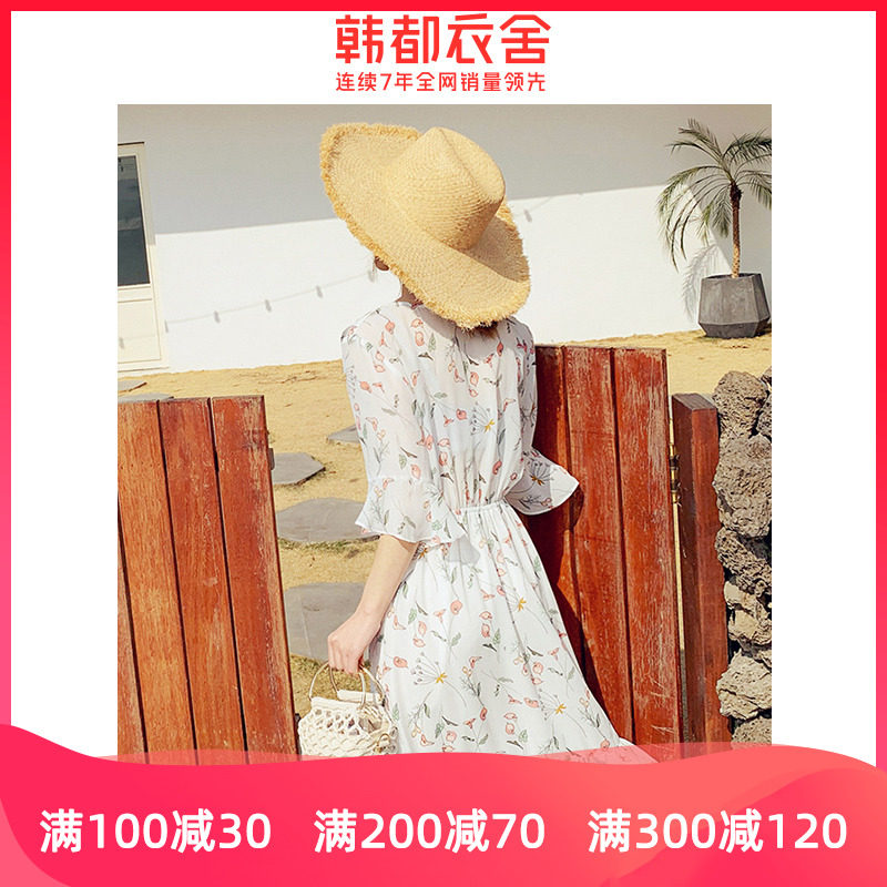 韩都衣舍旗舰店2019新款夏装学生气质碎花收腰a字雪纺连衣裙女