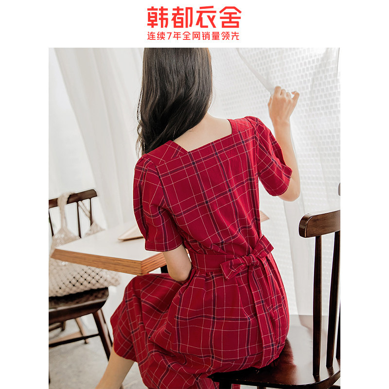 韩都衣舍旗舰店2020韩版女装夏装格子红色短袖收腰a字潮连衣裙