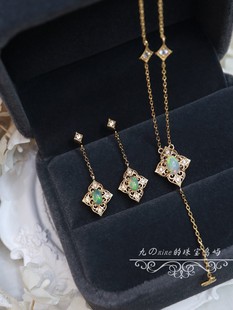 复古气质天然欧泊石耳环项链新款 镂空菱形轻奢高级感耳饰银 潮时尚