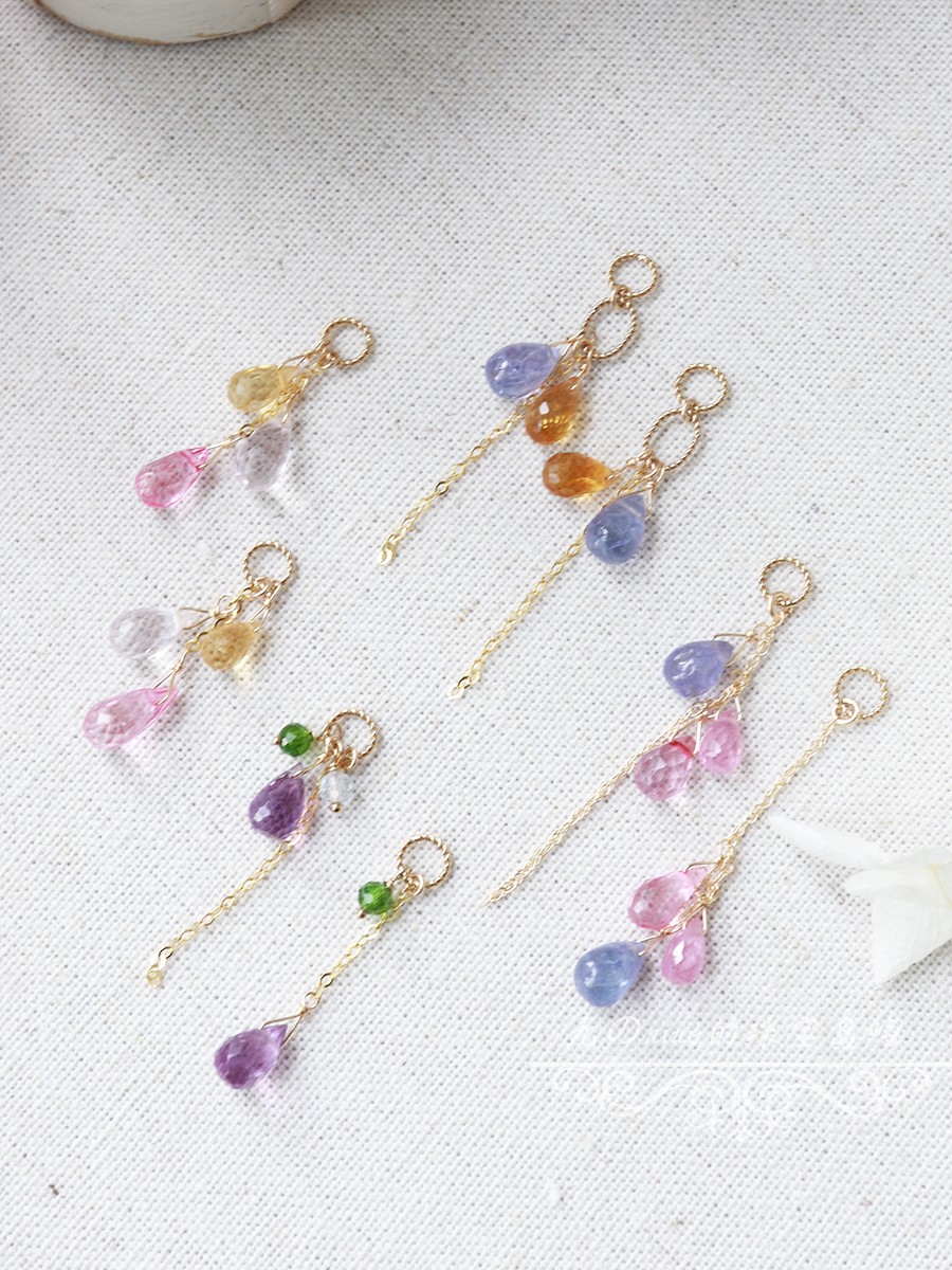 手作不退换。天然坦桑石托帕石紫水晶黄水晶耳坠14k包金diy耳饰