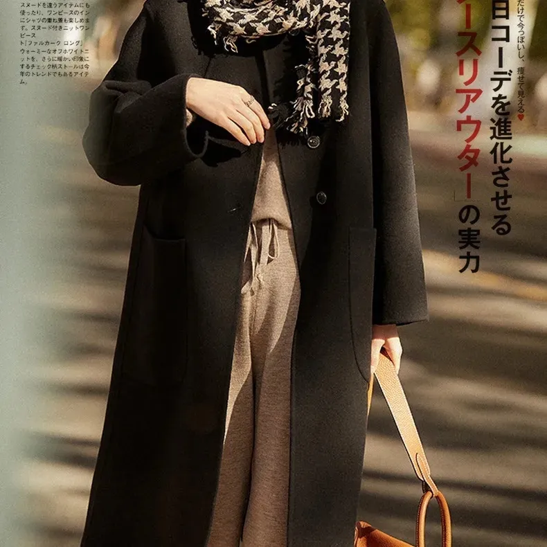 大码女装羊毛大衣女中长款2023秋冬新款宽松双面绒毛呢外套