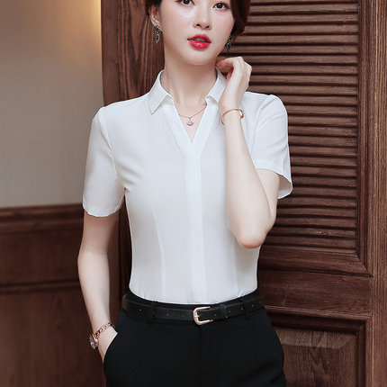 v领职业衬衫女短袖收腰2025夏新款薄款工装正装工作服白色衬衣寸