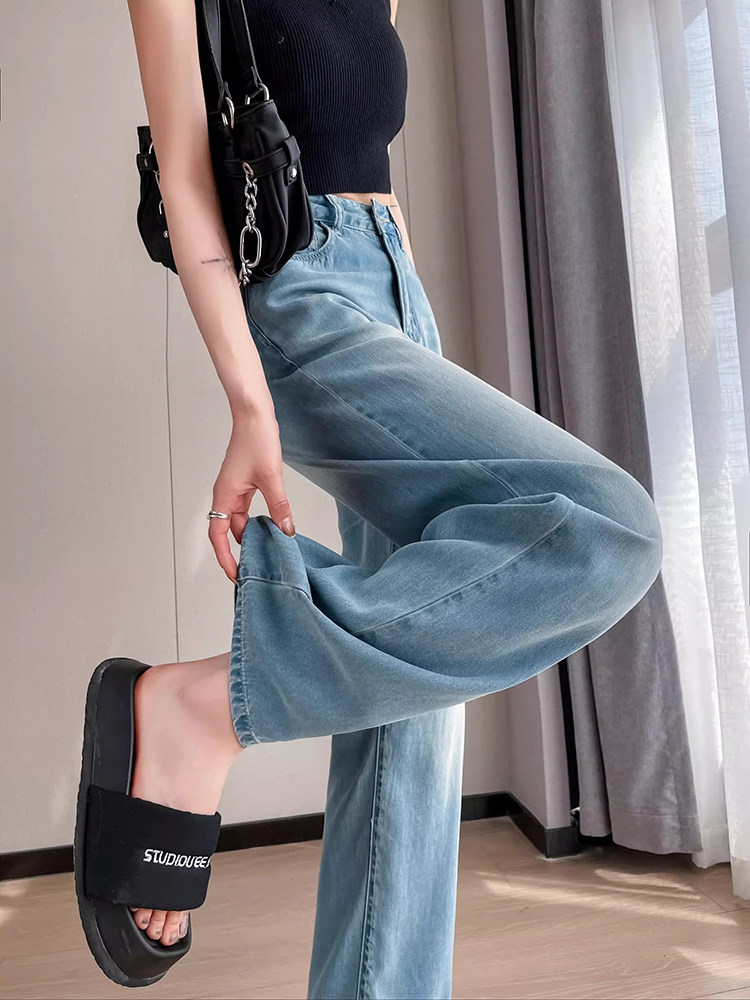 TENCEL STRAIGHT LEG JEANS WOMENS SUMMER THIN 2024 NEW PANTS PLUS SIZE FAT MM THIN ICE SILK WIDE-LEG PANTS
