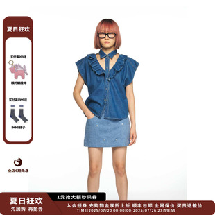 牛仔上衣JULY 新品 设计师品牌PUSHBUTTON 25PS褶边无袖