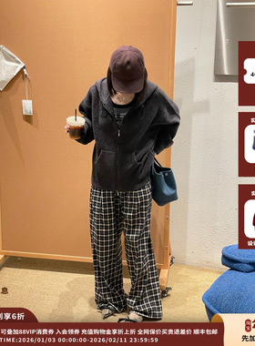 【现货】设计师品牌ETHOR 25AW灰色格纹格纹系带长裤JULY