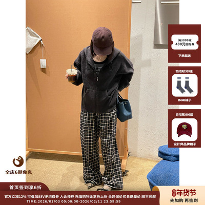 灰色格纹格纹系带长裤