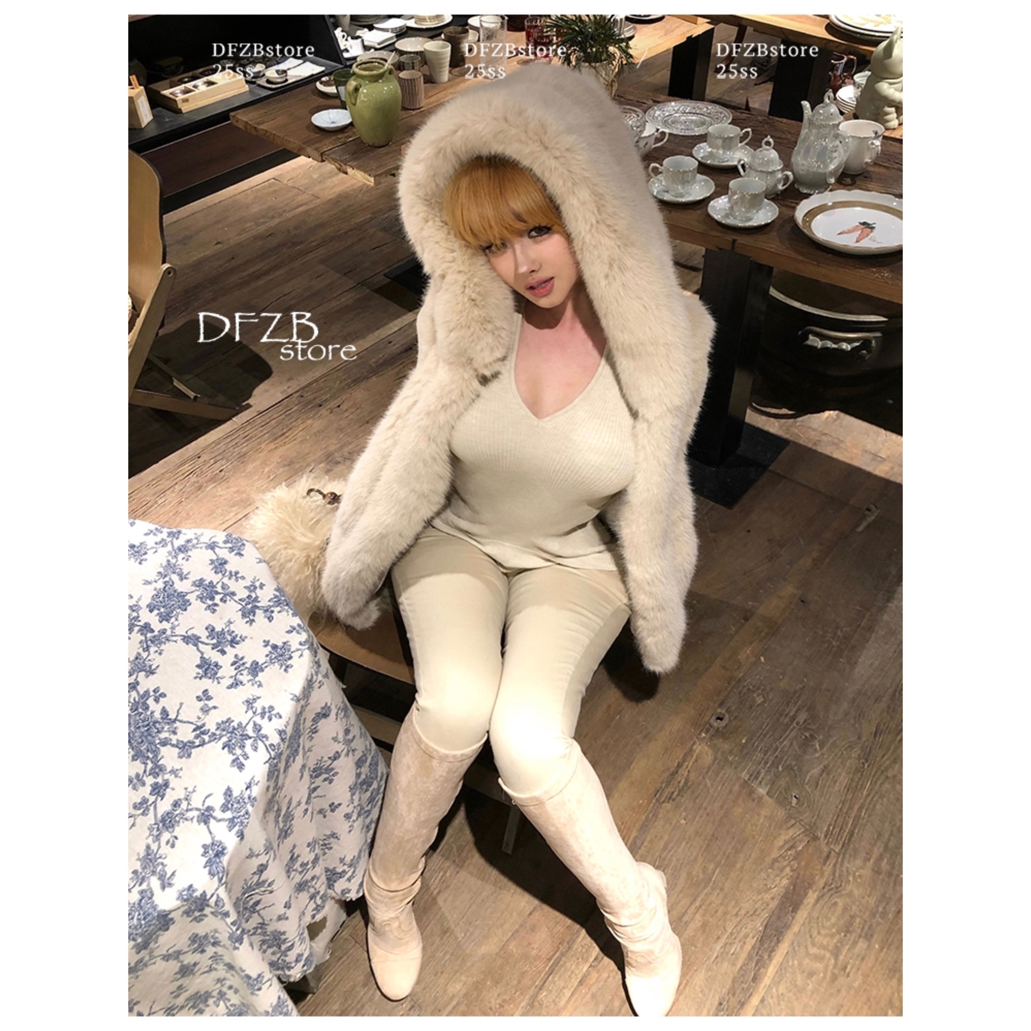 DFZBstore 猫酱～狐狸毛连帽仿皮草外套&奶杏色丰胯直筒牛仔裤