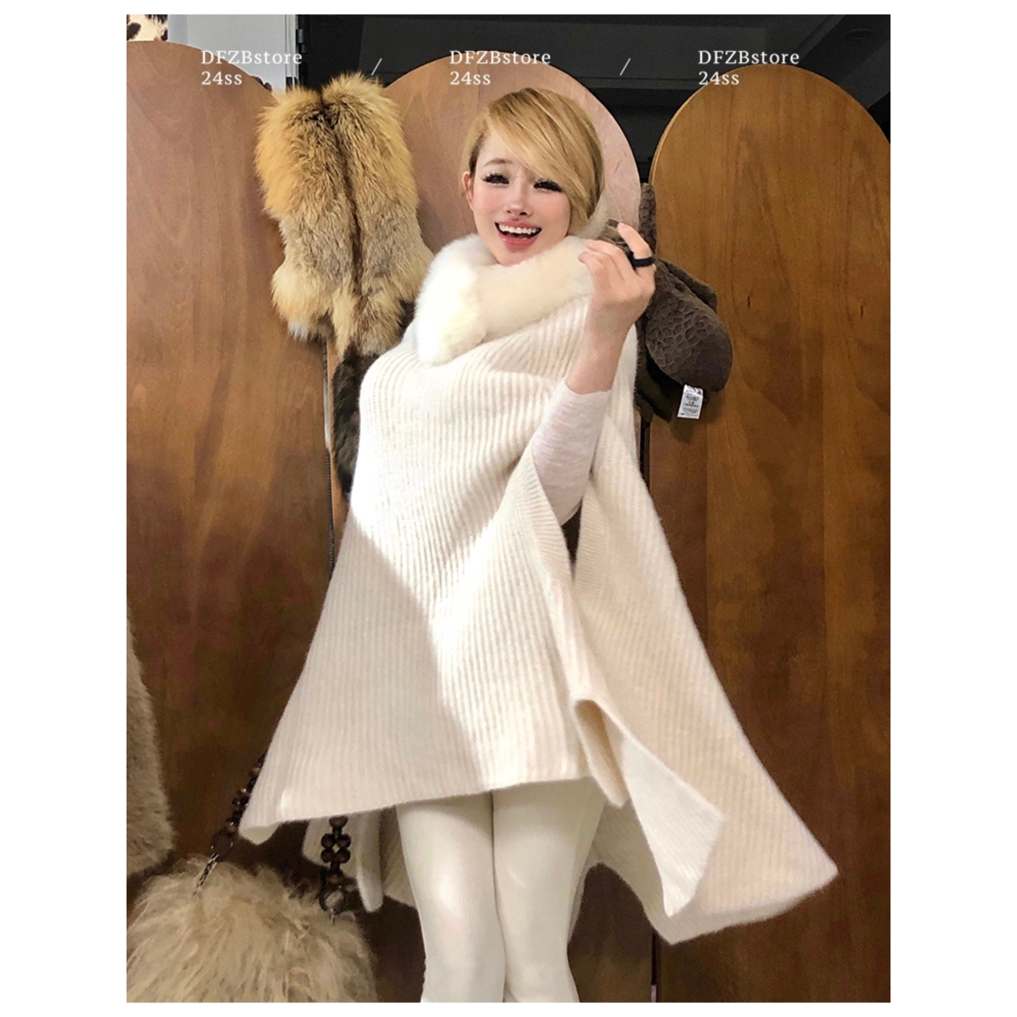 DFZBstore 北海道の恋～贵贵千金真狐狸毛领针织毛衣斗篷