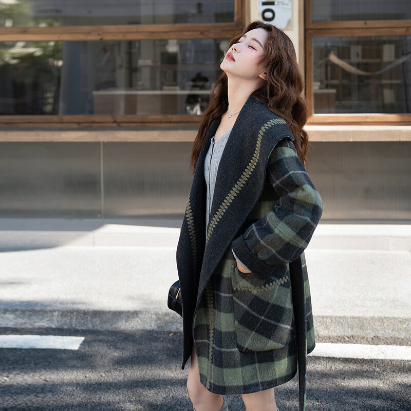 现货首发档口主推款双面羊毛呢格子刺绣正反两穿呢大衣p285-k428