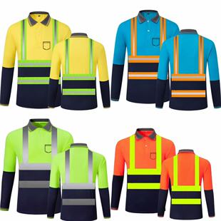 速干反光条长袖T恤建筑工地道路安全服拼色翻领工作服