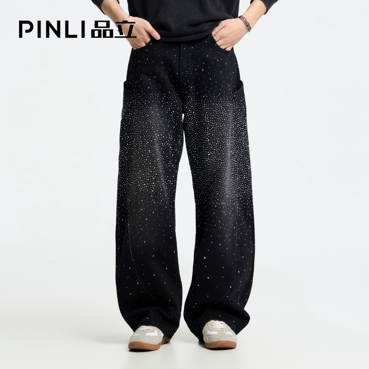 PINLI品立男渐变烫钻阔腿牛仔裤图片
