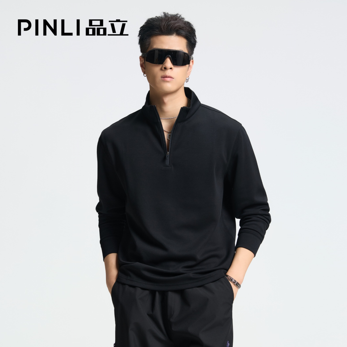 PINLI品立男纯色立领长袖POLO衫图片
