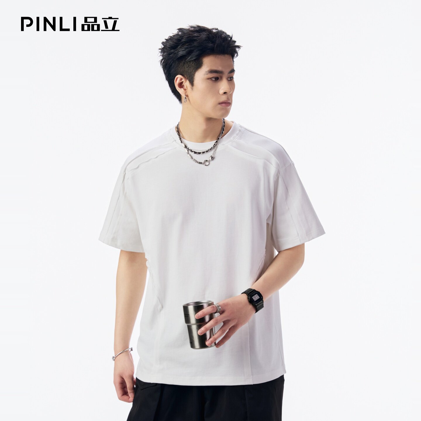 PINLI品立2026夏季新款青年纯色百搭圆领落肩袖纯棉短袖T恤上衣男图片