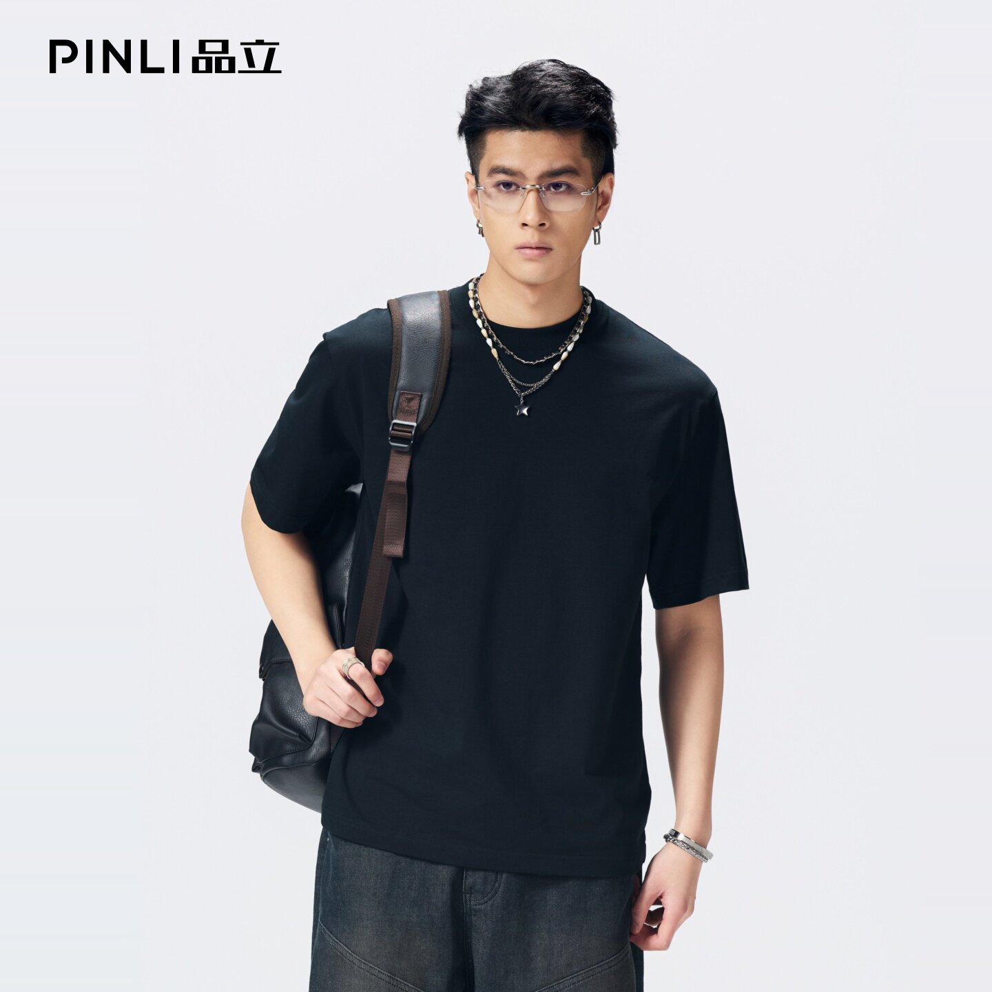PINLI品立2026夏季新款男士纯色百搭圆领落肩袖宽松短袖T恤上衣潮