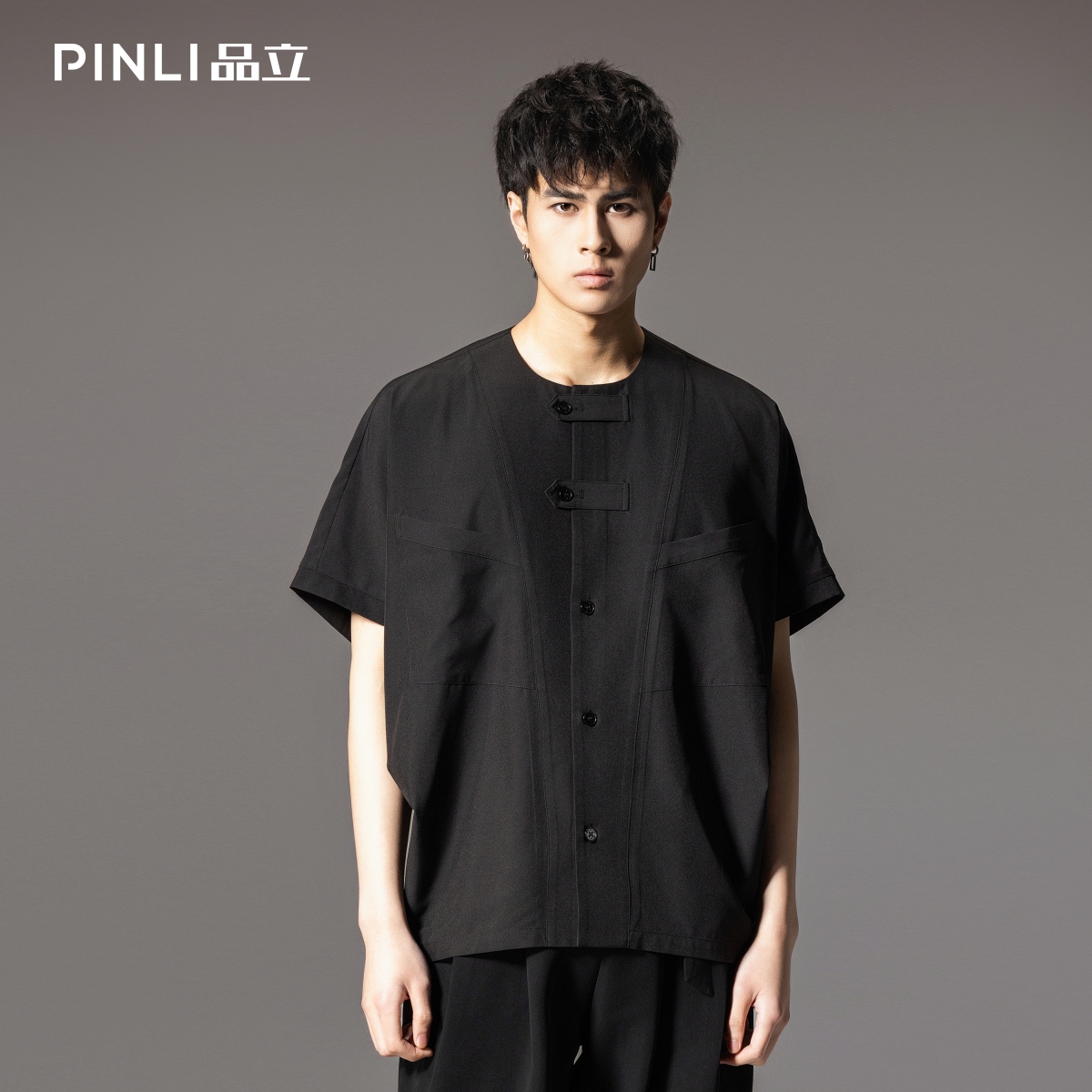 PINLI品立国潮无领短袖休闲衬衫