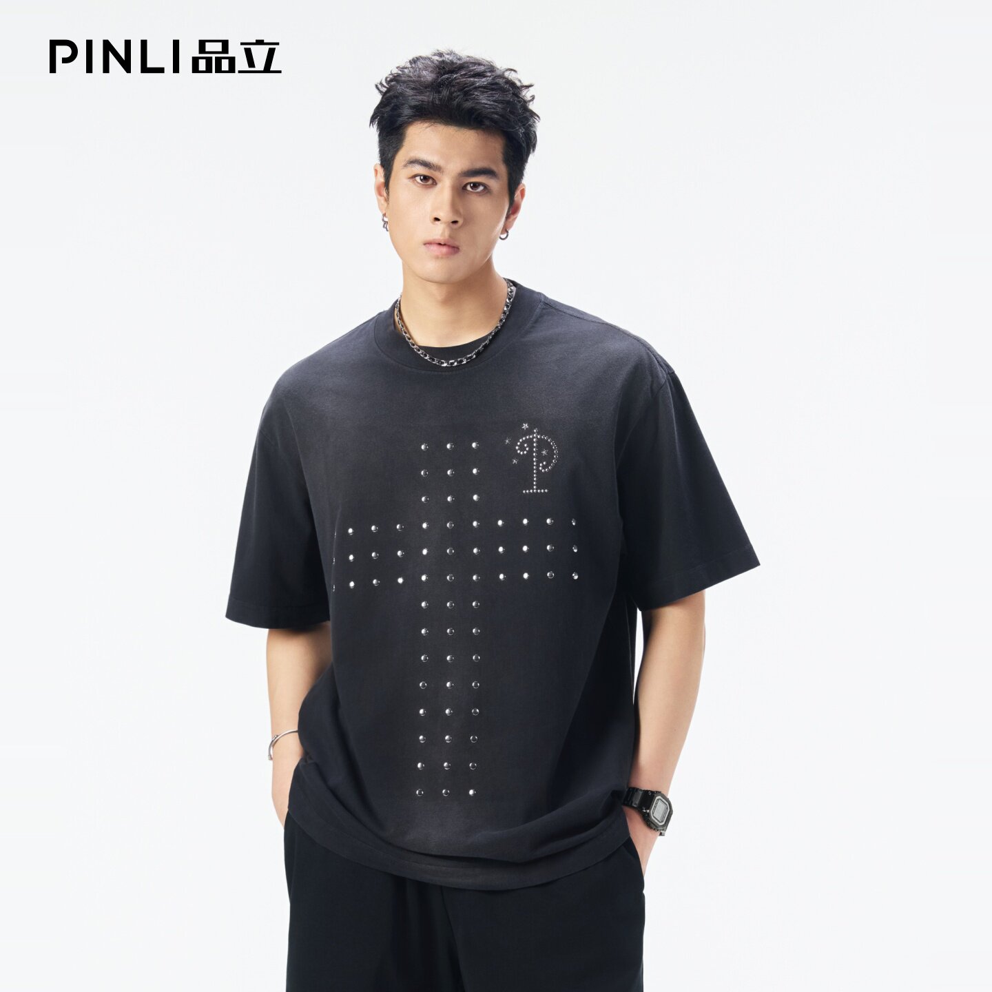 PINLI品立2026夏季男装金属贴片圆领落肩重磅纯棉水洗渐变短袖T恤图片