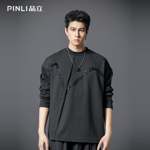 PINLI品立2025秋季新款男士宽松立领亮片织带长袖T恤上衣体恤潮牌