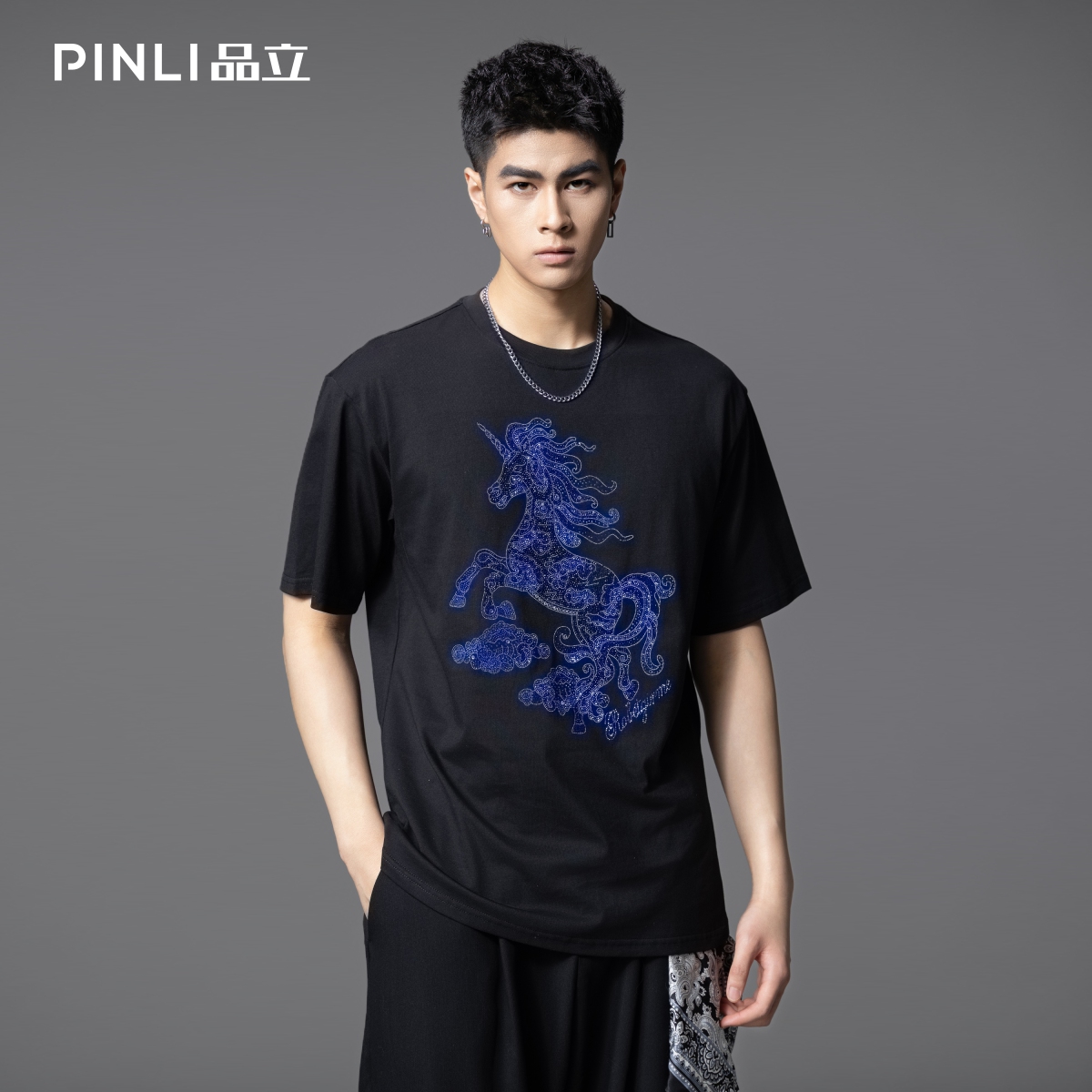 PINLI品立男士天马烫钻圆领T恤