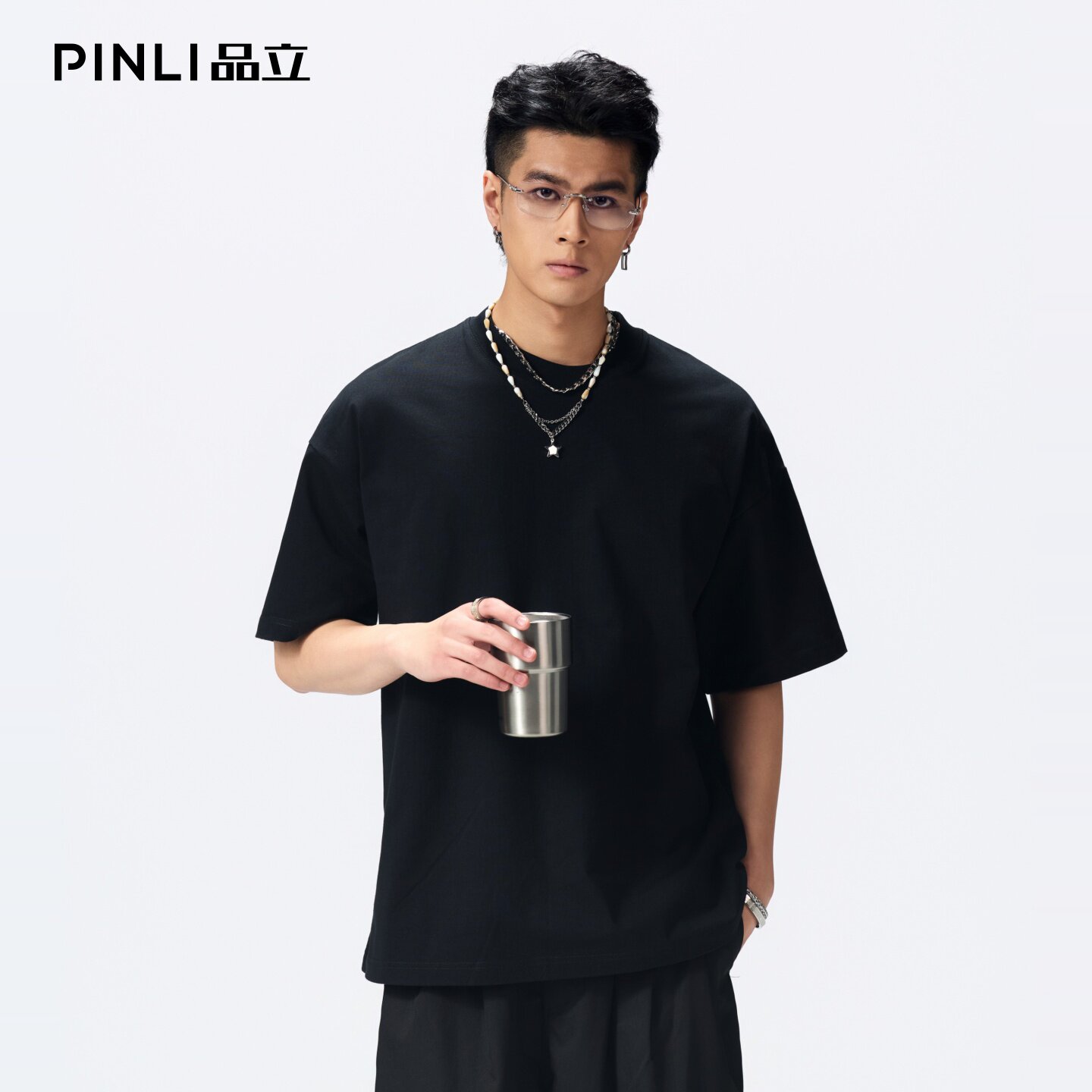 PINLI品立2026夏季新款男士重磅厚版宽松圆领落肩袖短袖T恤上衣潮图片