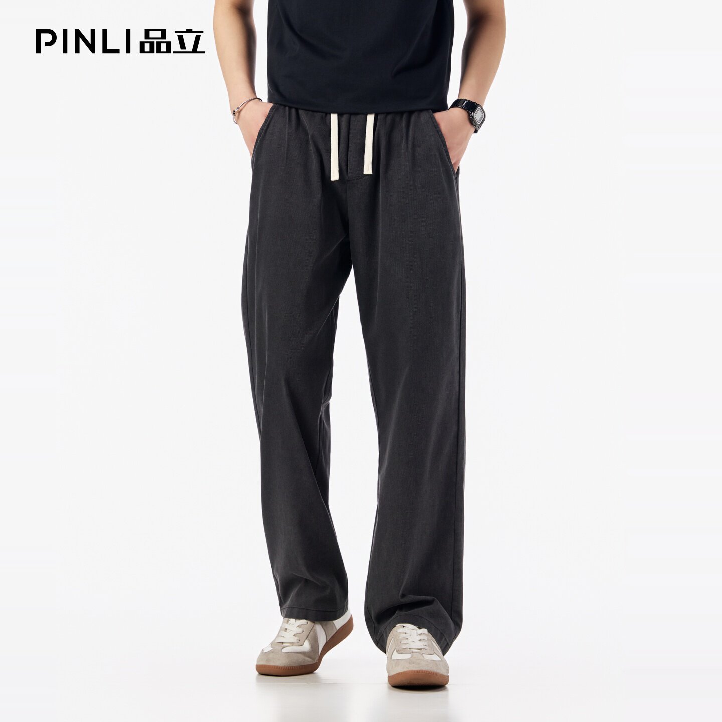PINLI品立2026夏季新款男士纯色百搭薄款松紧腰直筒休闲长裤潮牌