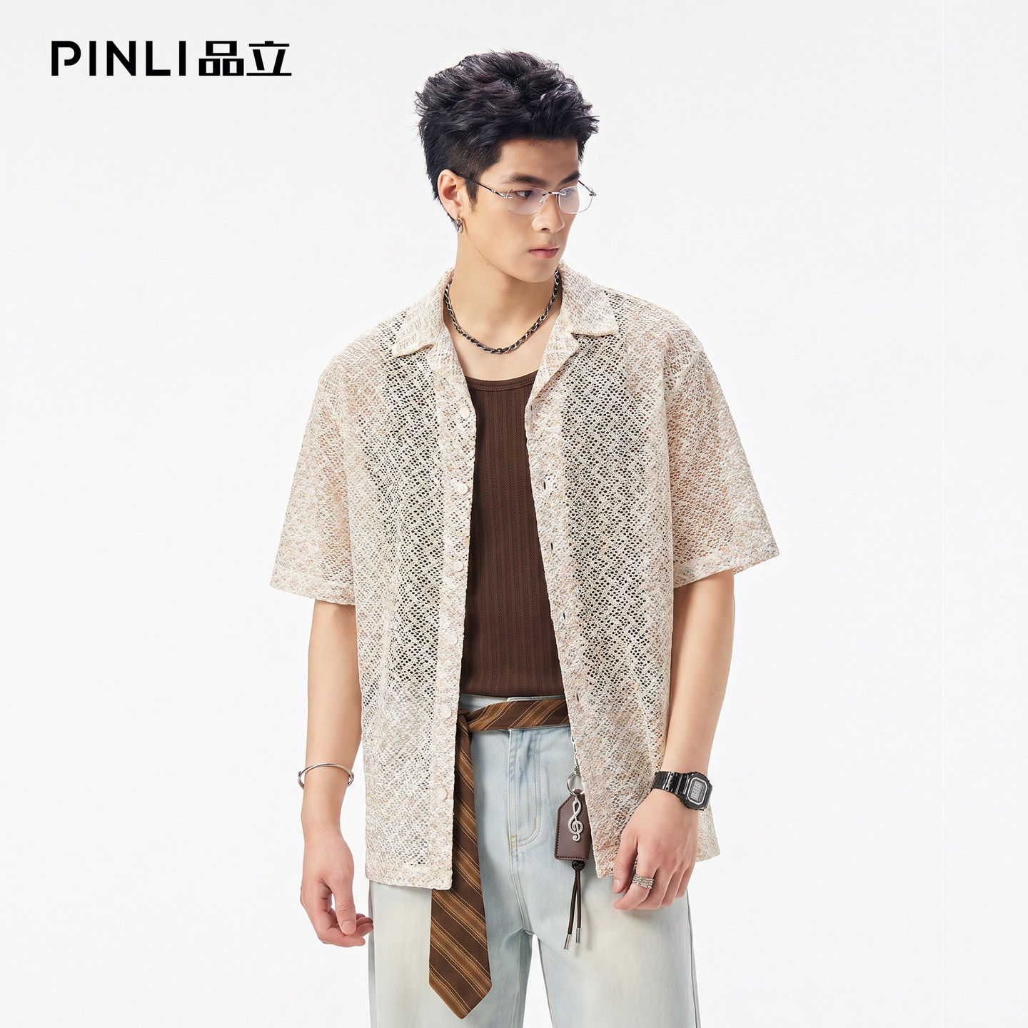 PINLI品立2026夏季新款男士尖领半透明宽松纯色短袖衬衫衬衣潮牌图片